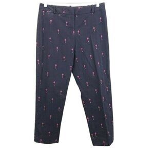 Talbots Curvy Fit Navy Straight Leg Ankle Pants Embroidered Pink Key Print 6